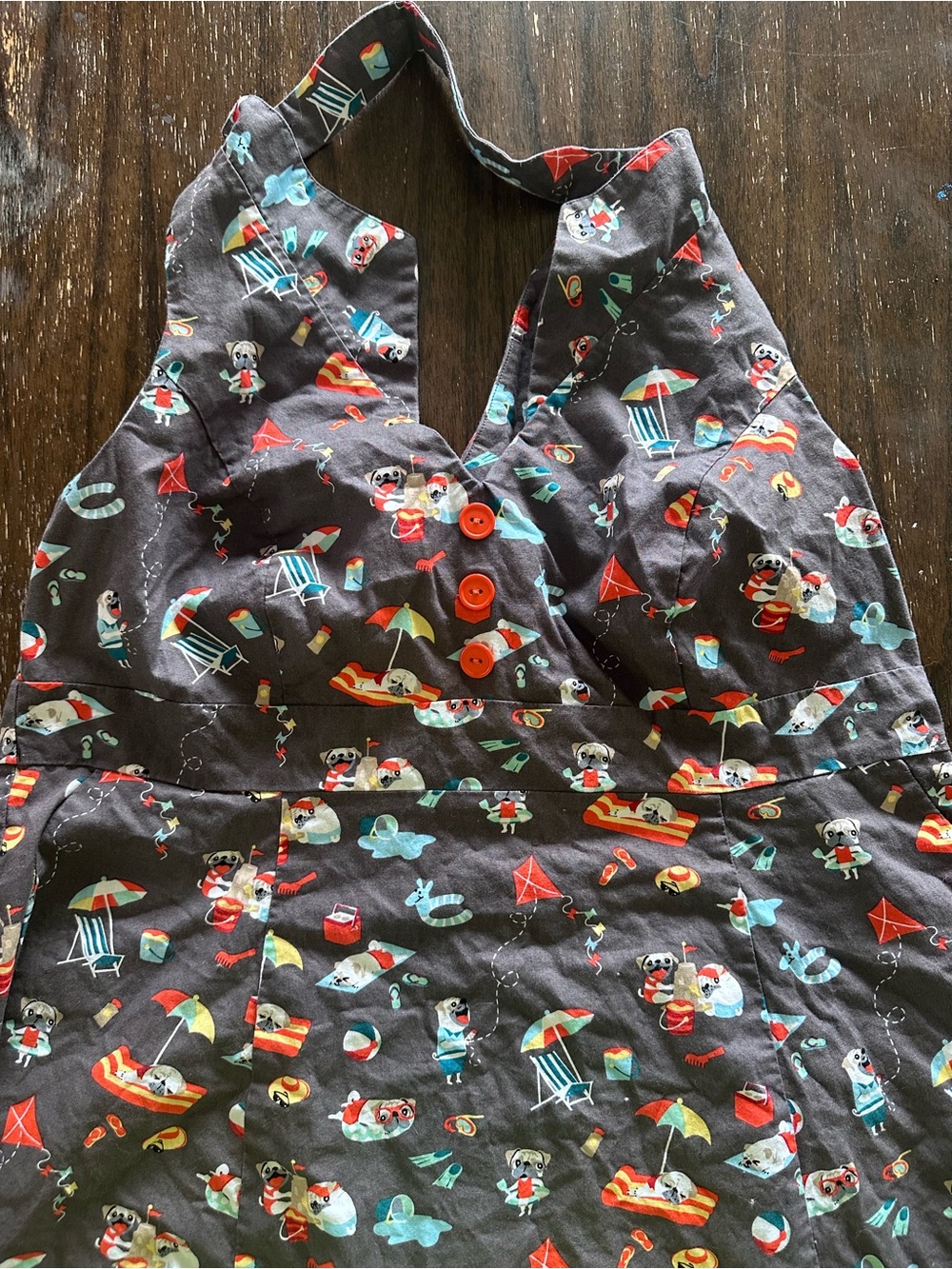 Women’s Dark Gray Halter Sundress with Playful Beach Print